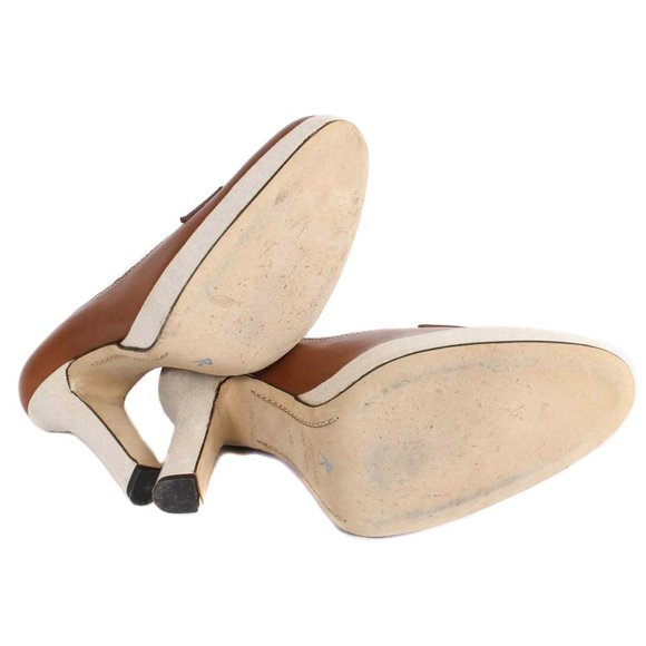 LAMBERTSON TRUEX Brown Leather & Cream Linen Penny Loafer Pumps - Picture 6 of 6